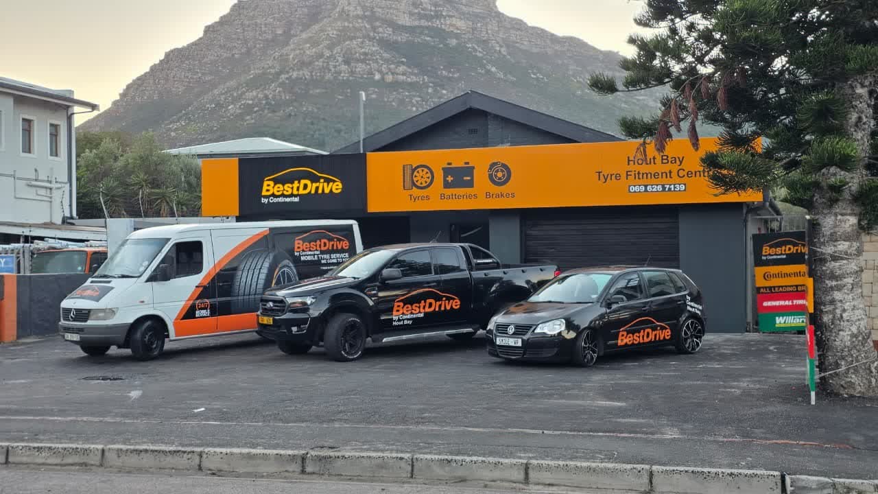 Best Drive fitment centre with the mobile van, bakkie and branded car parked outside