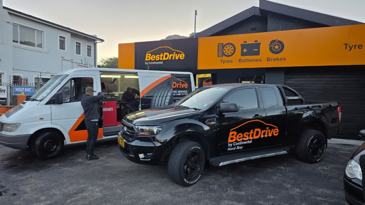 Best Drive mobile tyre van and branded bakkie parked at the fitment centre