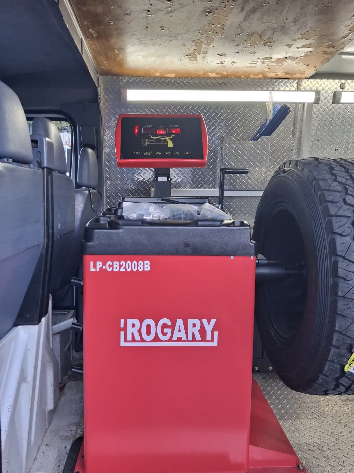 Wheel balancer mounted inside the Best Drive mobile tyre van